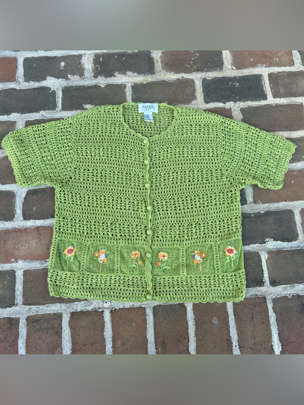 Vintage 90s green crochet sweater top sheer mesh embroidery flowers cottage XL